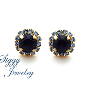 Dark Blue Indigo and Light Sapphire Halo Earrings, Made with Genuine Brilliant Austrian Crystals, 8mm  Gold Plated Studs, Bridesmaids Gift