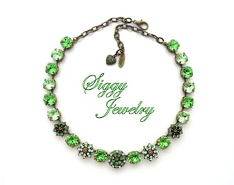 Green Crystal Tennis Necklace with Flower Embellishments, Chunky 11mm Crystals, Peridot, Chrysolite, Antique Brass or Silver, KILLARNEY