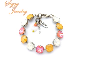 Austrian Crystal Tennis Bracelet, 10mm Yellow Buttercup, Peachy Coral Reef, White Opal, TEQUILA SUNRISE, Assorted Finishes, Gift Packaged