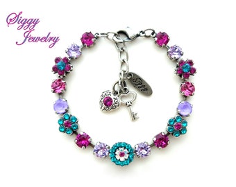 Floral Fantasy Flower Tennis Bracelet made with 6mm Genuine Austrian Crystals, Vibrant Fuchsia, Rose, Violet, Victorian Style Antique Silver