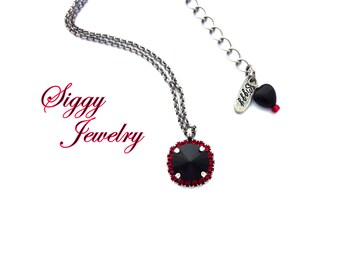 Austrian Crystal Necklace Pendant, 12mm Jet Black Rivoli Center with Light Siam Red Halo, Antique Silver Plated Chain, Siggy Jewelry