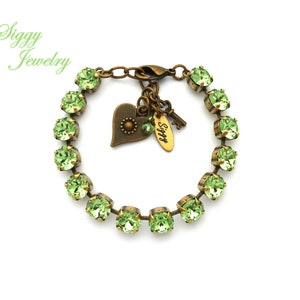 Austrian Crystal Tennis Bracelet, 8mm Peridot Spring Green, Heart and Key Charm, Assorted Lengths and Finishes, Gift Packaged FREE SHIPPING