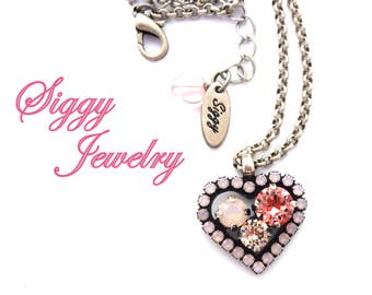 Austrian Crystal Heart Pendant, Rose Water Opal, Pink Pastel, Multi-Stone Cluster Pendant, Optional Bracelet and Earrings, Gift Packaged