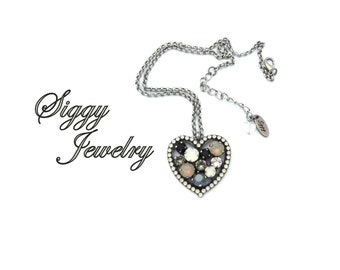 Austrian Crystal Heart Pendant Necklace, Black Gray White Silver Halo, Optional Detachable