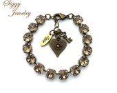 Austrian Crystal Bracelet, 8mm Greige Beige-Gray Taupe Neutral, Heart and Key Charm, Assorted Lengths and Finishes, Gift Packaged for Her