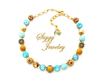 Crystal Necklace in Turquoise and Topaz with Flower Embellishments in Gold Finish, One-of-a-Kind Collection, 12mm Stones VENUS Ready to Ship