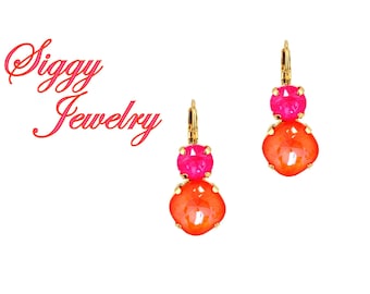 Neon Orange & Pink Double Drop Earrings Created with Crystals by Swarovski®,  Assorted Finishes - Tropical Blaze by Siggy Jewelry