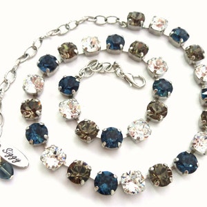 Crystal Tennis Necklace made with Genuine Austrian Crystals, Montana Blue, Black Diamonds, Clear, Simple and Elegant, Wedding Party Jewelry