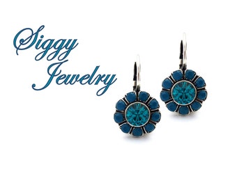 Brilliant  Crystal Daisy Flower Earrings, Blue Zircon Centers, Caribbean Opal Petals, Teal Cluster Drop Lever-Back Drops, Assorted Finishes