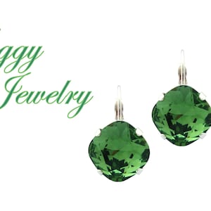 Austrian Crystal Erinite Green Earrings, Forest Pine Green, 12mm Cushion Cut, Studs or Drops, Bridesmaids Wedding, Assorted Finishes