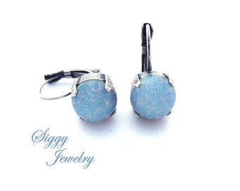 Blue opal Earrings, Drop Lever Back Style, Powder Blue with Very Light Specks of Pink, Casual Boho Chic, Assorted Finishes, Gift Ready