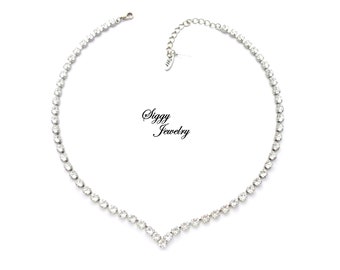 Genuine Austrian Crystal V Shape Bridal Princess Necklace, Clear