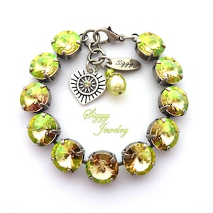 Austrian Crystal Statement Bracelet,  12mm Luminous Green Rivoli, Light Neon Green, Lime Green, Yellow Hues, Assorted Finishes, Cute Charms