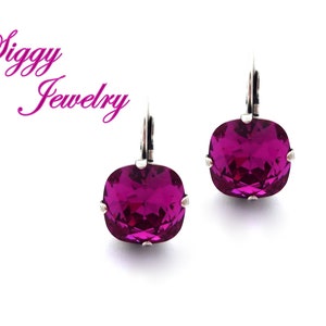 Genuine Austrian Crystal Earrings, Fuchsia 12mm Cushion Cut, Hot Pink, Drops or Studs, Square Or Diamond Shape, Assorted Finishes