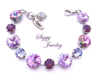 Genuine Austrian Crystal Tennis Bracelet, Purple Tones, Combined 12mm/8mm Crystals, Amethyst, Violet, Lilac, Lavender, Purple Sensations
