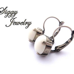 Ivory Cabochon Drop Lever Back Earrings, 11mm White Round, Antique Silver or Pick Your Finish, Prong Setting, Free Shipping image 2