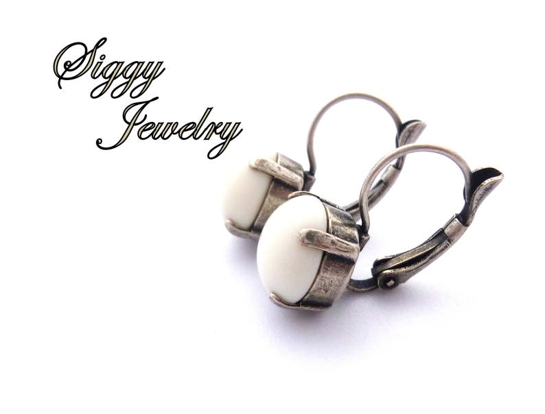 Ivory Cabochon Drop Lever Back Earrings, 11mm White Round, Antique Silver or Pick Your Finish, Prong Setting, Free Shipping image 2