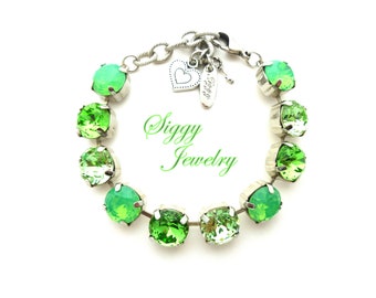 Green Crystal Bracelet made with Chunky 11mm (47ss) Crystals in Peridot, Chrysolite and Mint Opals, IVY Splendor, Rhodium Finish with Charms