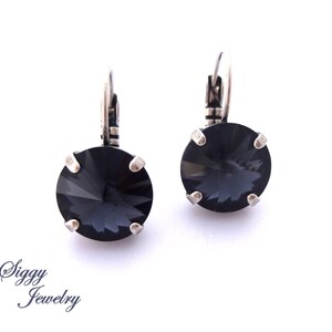 Austrian Crystal Earrings, 8mm-12mm Graphite, Rivoli Studs Or Drop Lever Back, Dark Charcoal Gray, Posh and Elegant, Assorted Finishes