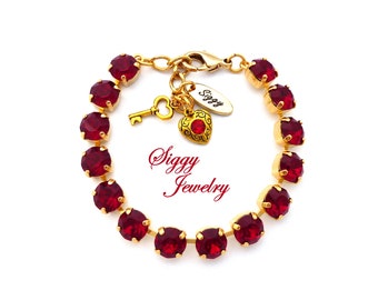 Austrian Crystal Tennis Bracelet, Pick From a Variety of Red Shades, Siam, Ruby, Scarlet, July Birthstone, REDILICIOUS, Assorted Finishes