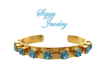 Aquamarine Cuff Bangle Bracelet made with Genuine Austrian Crystals in 6mm, Select a Finish, Available in Many Colors, Siggy Jewelry