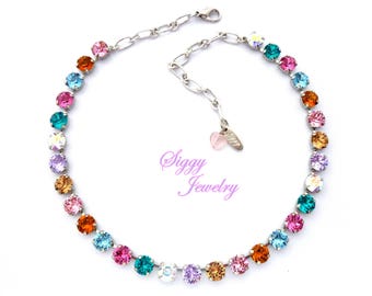 Austrian Crystal Tennis Necklace Optional Bracelet and/or 3 Piece Set, 8mm Chatons, Multi Colored, Rainbow, Assorted Finishes, BEST SELLER