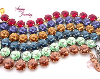 Austrian Crystal Bracelets, 12mm Rivoli, Assorted Colors and Finishes, Over 50 Fabulous Colors, Custom Made Birthstone, Stacking Bracelet
