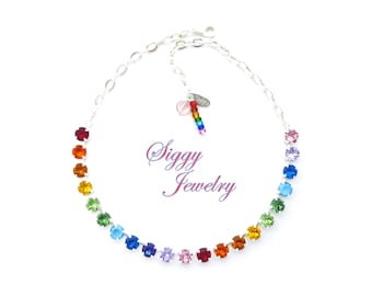 Pride Rainbow Genuine Austrian Crystal Rainbow Necklace, LOVE IS LOVE, 8mm Chatons, Assorted Finishes, Colorful Pop Of Colors, Gift Packaged