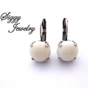 Ivory Cabochon Drop Lever Back Earrings, 11mm White Round, Antique Silver or Pick Your Finish, Prong Setting, Free Shipping image 1