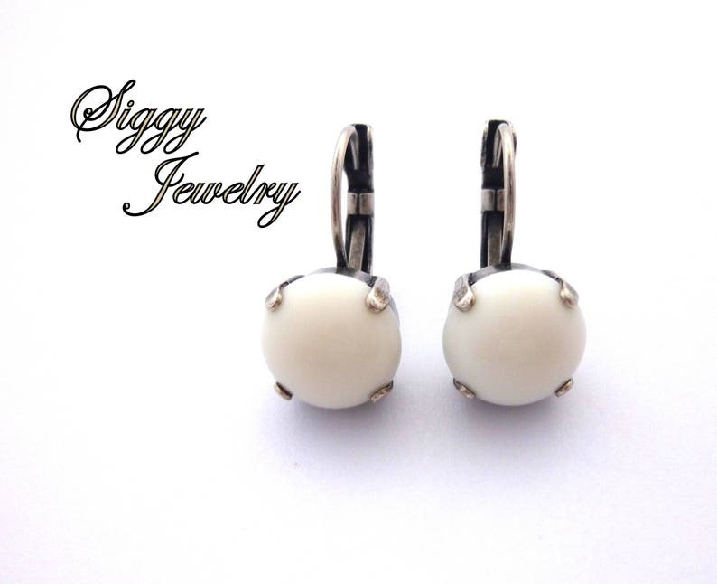 Ivory Cabochon Drop Lever Back Earrings, 11mm White Round, Antique Silver or Pick Your Finish, Prong Setting, Free Shipping image 1