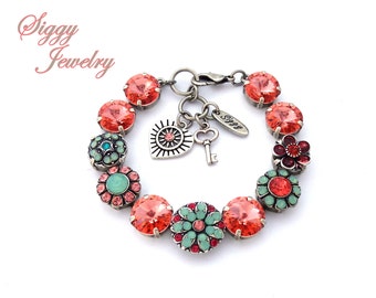 Peach and Pacific Opals Flower embellished Statement Bracelet Created with Crystals by Swarovski®, RIO COLLECTION