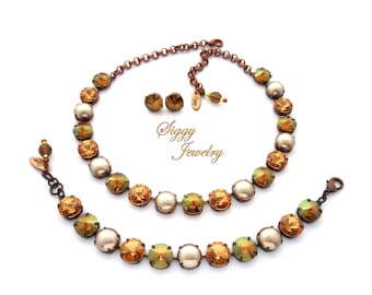 Brilliant Austrian Crystal Bracelet, Necklace, Earrings, Or Individual Pieces, Topaz, Pearls, Fall Colors, Sizzling Copper, Gift Packaged