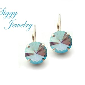 Austrian Crystal Earrings, Light Sapphire Shimmer, 12mm Round Faceted Rivoli, Iridescent Blue AB, Drops Or Studs, Assorted Finishes