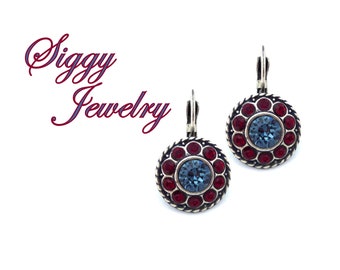 Austrian Crystal Daisy Earrings, Denim Blue, Siam Red, Victorian Style, Pave Cluster, Multi-Stone, Drop Lever-Backs, Assorted Finishes,