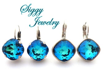 Genuine Austrian Crystal Earrings, Ocean Bermuda Blue, Peacock, 12mm Cushion Cut, Studs or Drops Pick Your Style and Finish, Gift Packaged