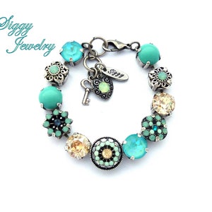 Austrian Crystal Flower Embellished Bracelet, Aqua Blue, Pacific Opal, Mint Green 11mm Chunky Crystals, Antique Silver, Sunkissed Samba