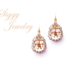 Genuine Swarovski Crystal Pear Earrings, Silk, Clear Halo Accents, Champagne, Pale Blush, Rose Gold, Bridal, Drop Lever-Back  Gift Packaged
