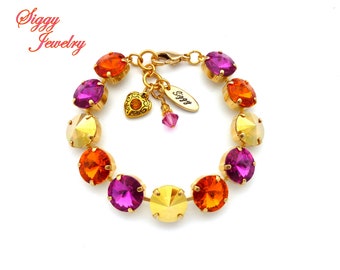 Austrian Crystal Bracelet, 12mm Rivoli, Fuchsia, Tangerine, Metallic Sunshine, Hot Pink, Orange, Gold, Assorted Finishes, Charms, GRANADA