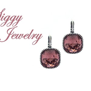Austrian Crystal Earrings, 12mm Blush Rose, Blush Pink, Warm Pink Brown, Cushion Cut Bezel Drop Lever-Back, Assorted Finishes and Colors