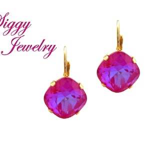 Raspberry Shimmer Premium Crystal Earrings, 12mm Cushion Cut, Hot Pink Iridescent Drops or Studs, Assorted Finishes, Gift Packaged