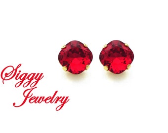 Austrian Crystal Cushion Cut Earrings, 12mm Scarlet, True Bright Red Color, Solitaire Studs or Drops Assorted Finishes, Gift Packaged