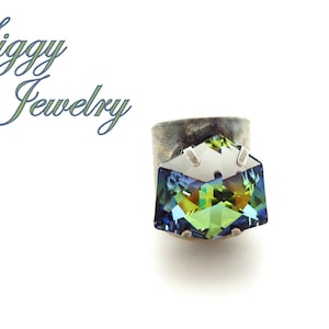 Brilliant  Crystal Oversized Statement Ring, Crystal Sahara, Large Geometric Tilted Dice, Antique Silver, Gift Packaging