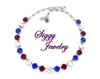 Austrian Crystal Necklace, 10mm (45ss) Red White and Blue, AB, Patriotic, 4th of July, American Flag, Optional Matching Earring, BETTY