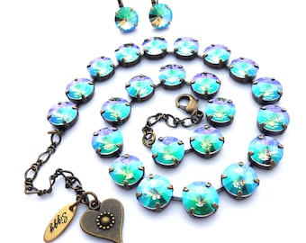 Colar Paradise Shine de cristal austríaco de 12 mm, azul, verde metálico, brilho incrível, colar de destaque, acabamentos variados, embalado para presente
