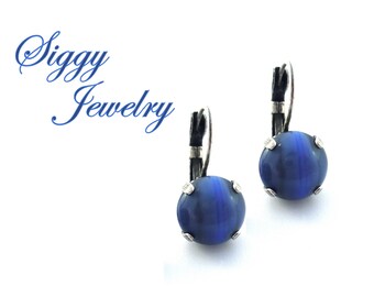 Blue Tiger Eye earrings, 10mm Drop Lever Back or Studs, Smooth Polished Top, Denim Navy Blue, Boho Style, Assorted Finishes, Gift Packaged