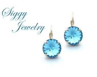 Genuine Austrian Crystal Earrings, Aquamarine, 12mm Round Rivoli, Light Blue, Drops or Studs, Assorted Finishes, Gift Packaged, Bridesmaids