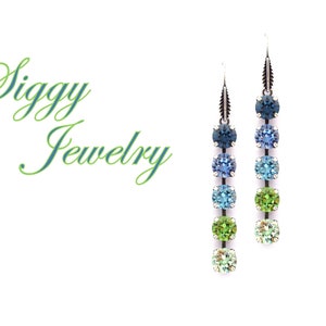 Austrian Crystal Statement Earrings, 5 Stone Long Dangle, Blue Green Ombré Design, Multi Stone 8mm Drops, Assorted Finishes, Gift Packaged