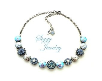 TWILIGHT FROST Flower Embellished Necklace made with 12mm Genuine Austrian Crystal Rivoli crystals in Blue and Silver Shades, Siggy Jewelry