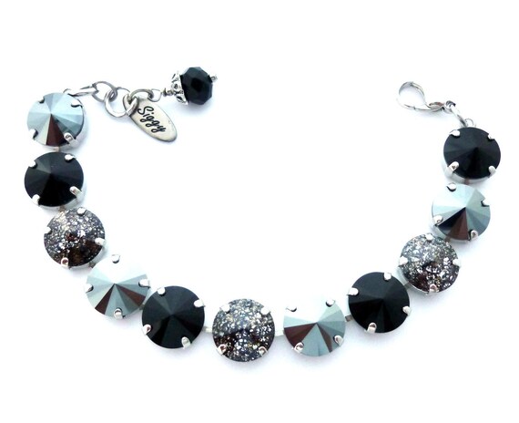 Metallic Silver and Black Rivoli Tennis Bracelet and Optional Necklace, Made with Genuine 12mm Austrian Crystals, Assorted Finishes