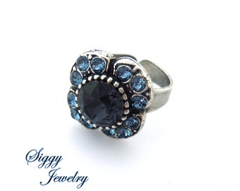 Austrian Crystal Adjustable Ring, Graphite and Denim Blue, Dark Blue Multi-Stone Cocktail Ring, Flower Cluster Ring, Gift Packaged